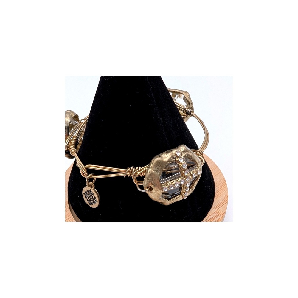 Bourbon and Boweties Gold Wire Wrapped Crystal Cross Bangle Bracelet Rhinestone